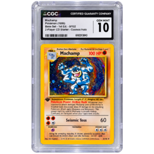 Machamp 8/102 CGC 10 — cápsula completa sin fondo; portada ilustrativa editada con IA